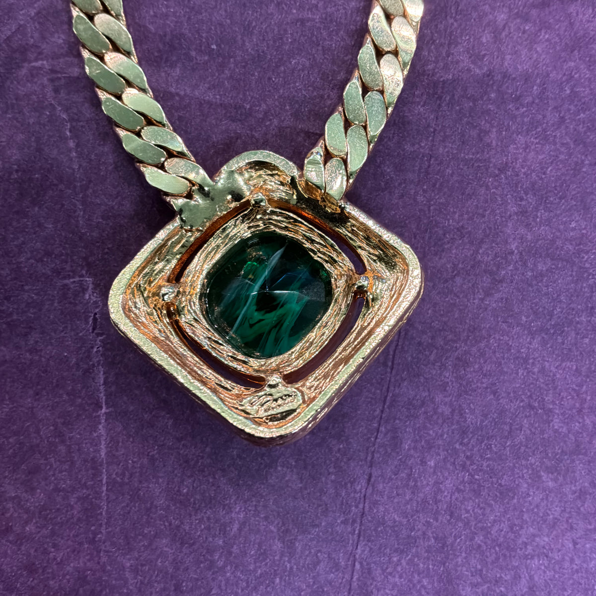 Vintage 1980s Gold Plated Curb Chain Necklace Green Faceted Crystal Pendant