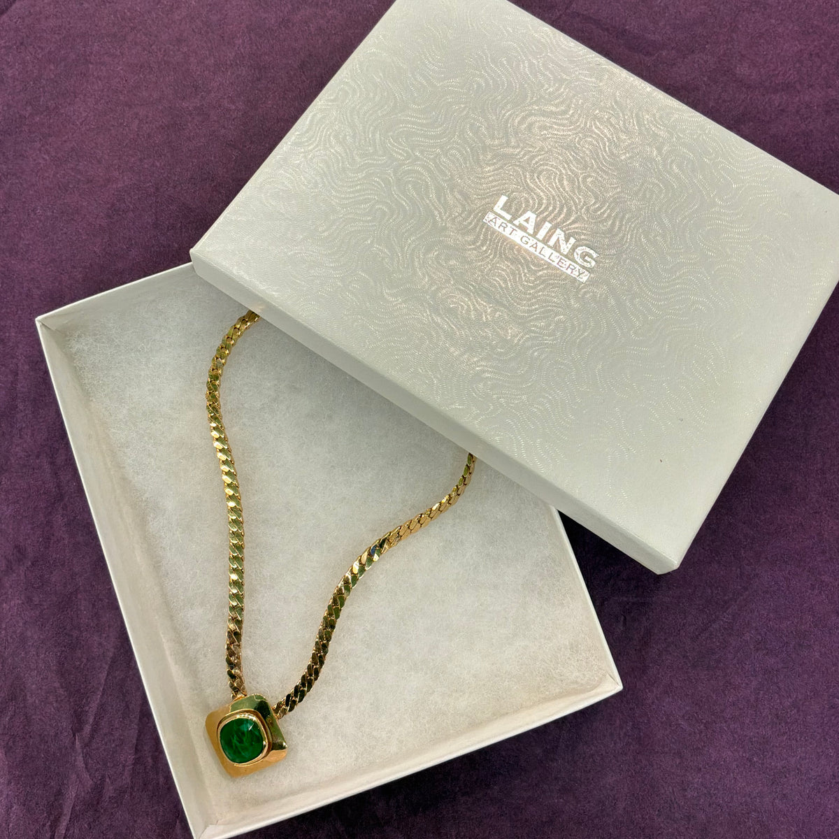 Vintage 1980s Gold Plated Curb Chain Necklace Green Faceted Crystal Pendant