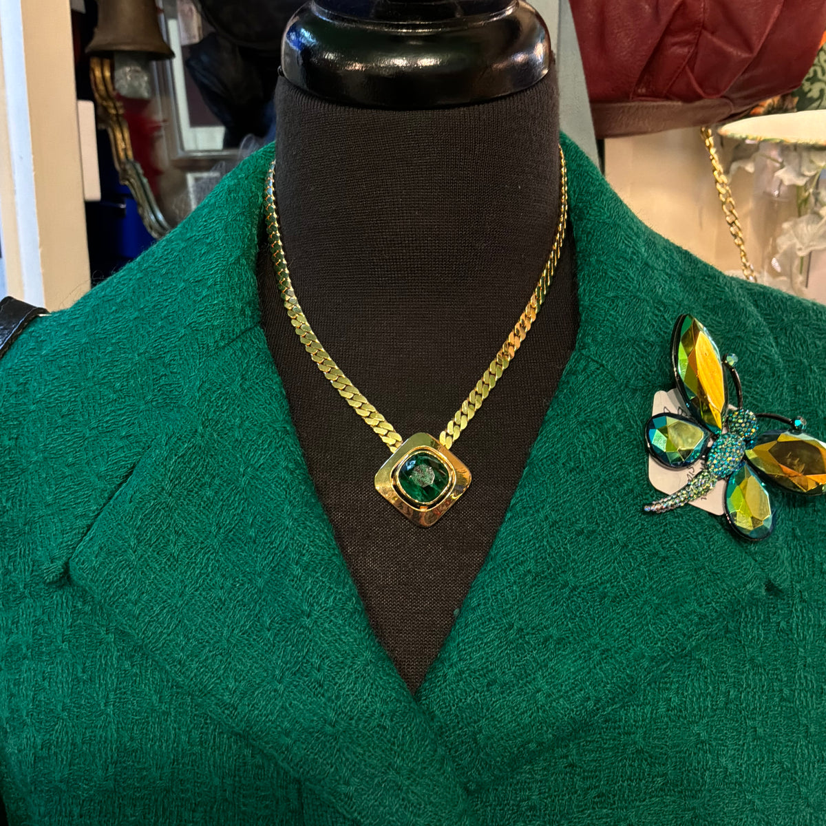 Vintage 1980s Gold Plated Curb Chain Necklace Green Faceted Crystal Pendant