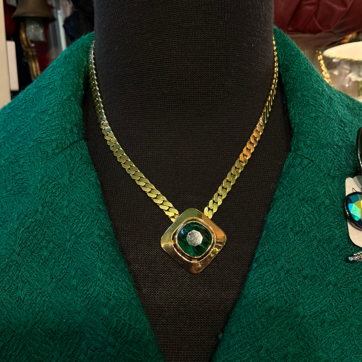 Vintage 1980s Gold Plated Curb Chain Necklace Green Faceted Crystal Pendant