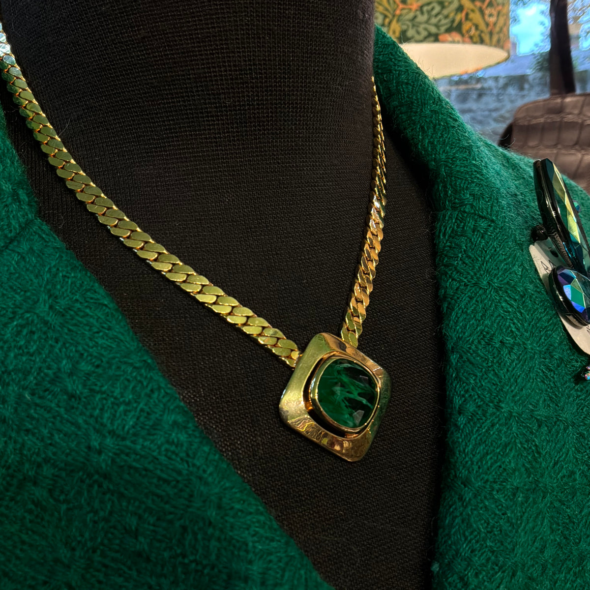 Vintage 1980s Gold Plated Curb Chain Necklace Green Faceted Crystal Pendant