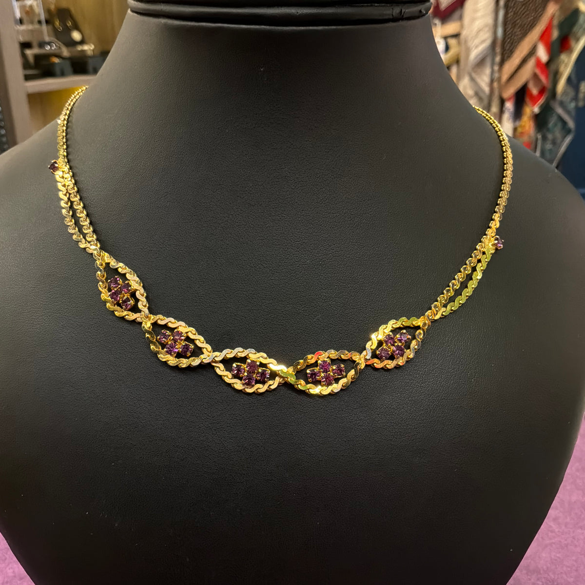 Vintage 1980s Gold Tone Purple Crystal Statement Collar Necklace Articulated Bib