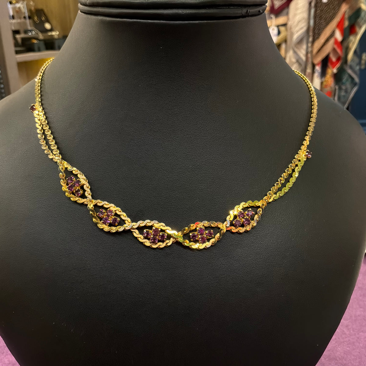 Vintage 1980s Gold Tone Purple Crystal Statement Collar Necklace Articulated Bib