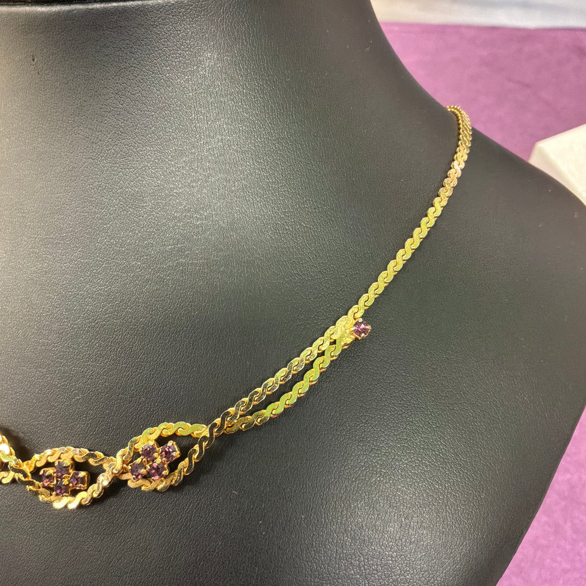 Vintage 1980s Gold Tone Purple Crystal Statement Collar Necklace Articulated Bib