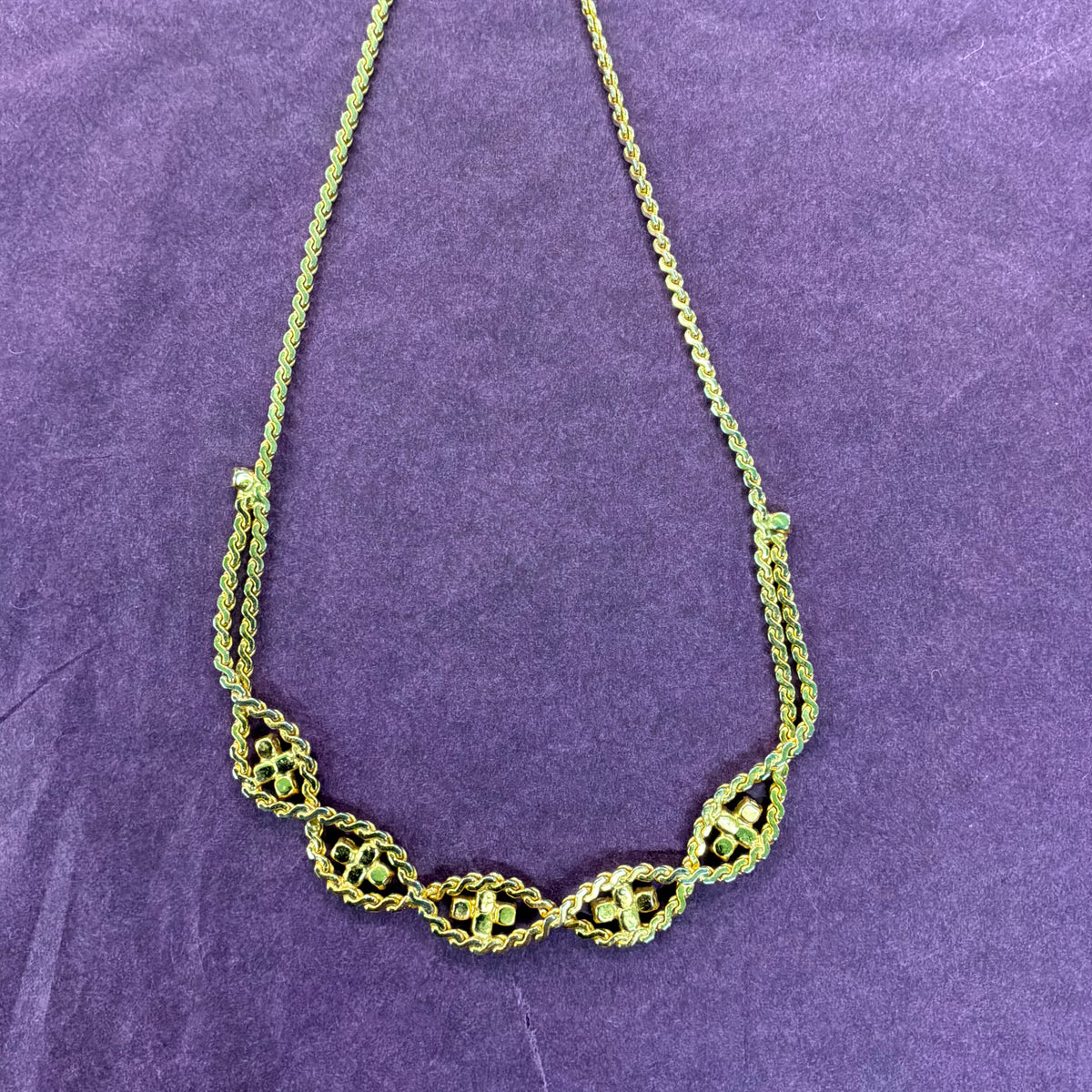 Vintage 1980s Gold Tone Purple Crystal Statement Collar Necklace Articulated Bib