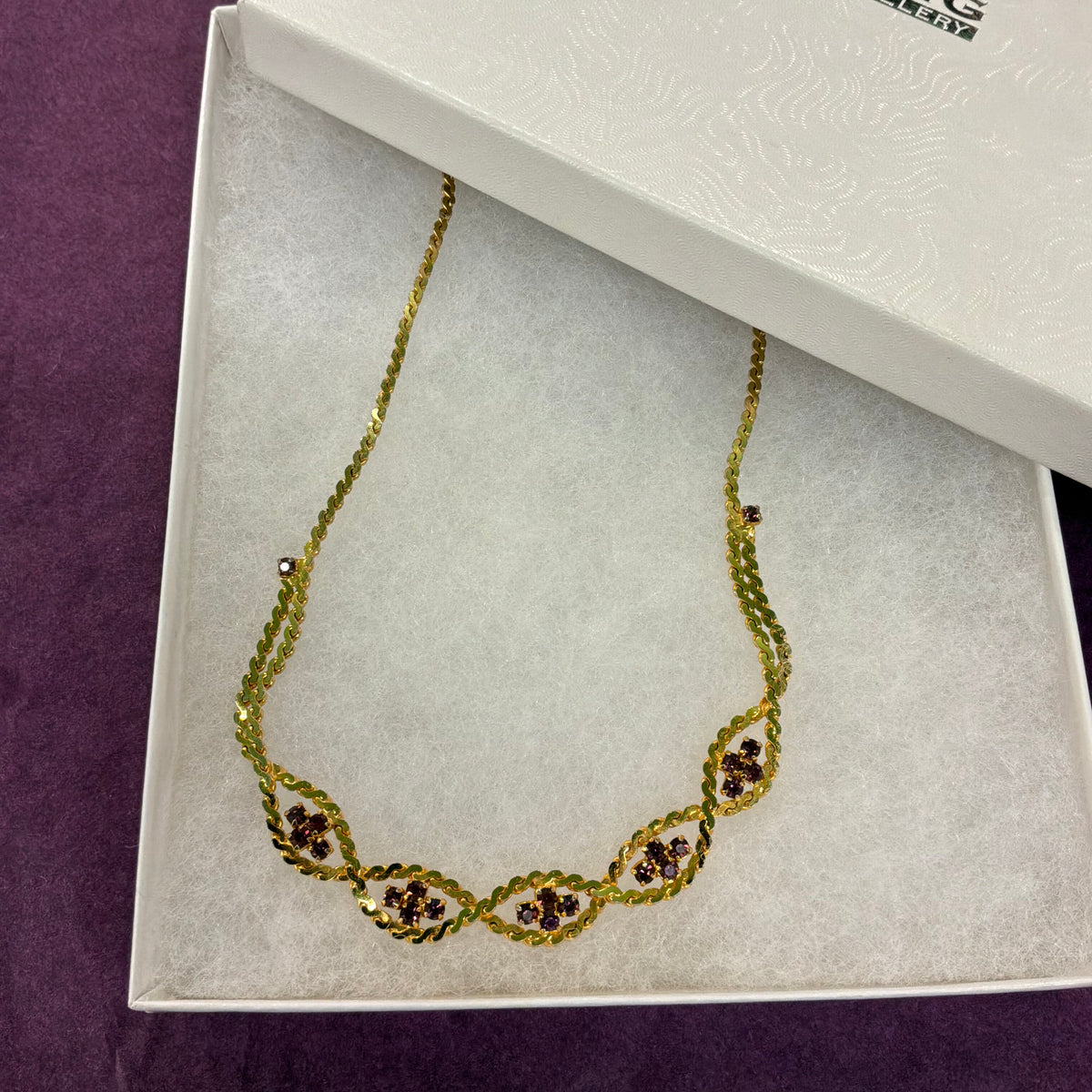 Vintage 1980s Gold Tone Purple Crystal Statement Collar Necklace Articulated Bib