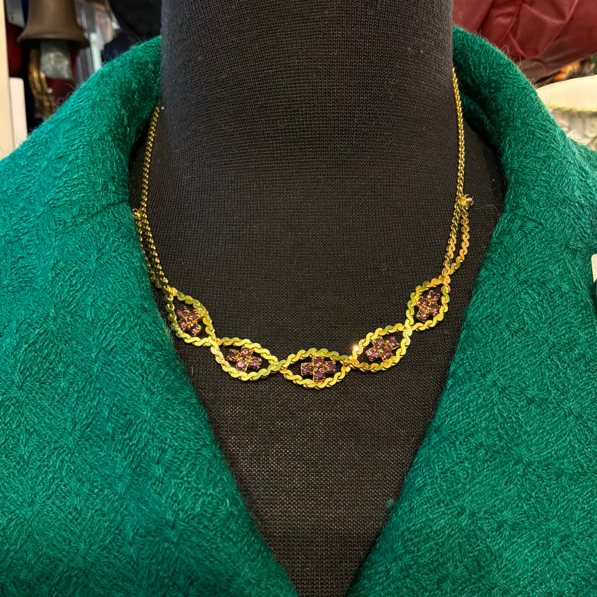 Vintage 1980s Gold Tone Purple Crystal Statement Collar Necklace Articulated Bib