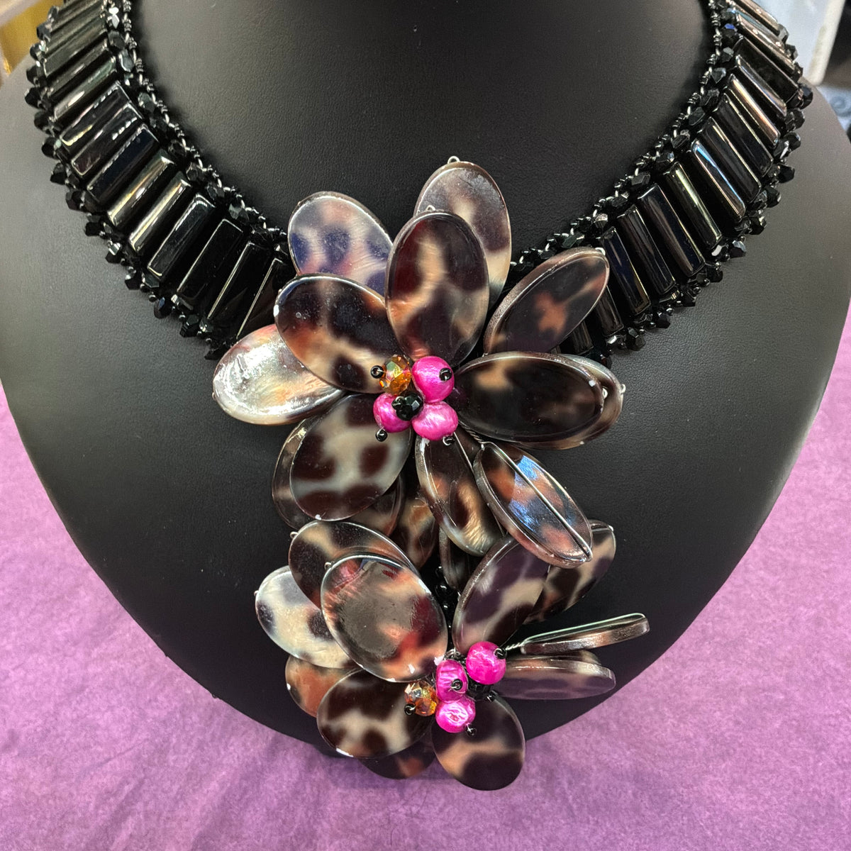 Vintage Butler & Wilson Statement Floral Necklace Faux Tortoiseshell Pink Pearl Black Beads