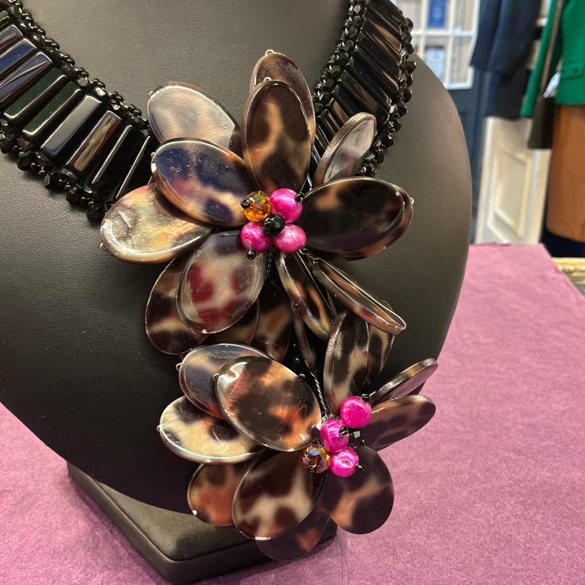Vintage Butler & Wilson Statement Floral Necklace Faux Tortoiseshell Pink Pearl Black Beads
