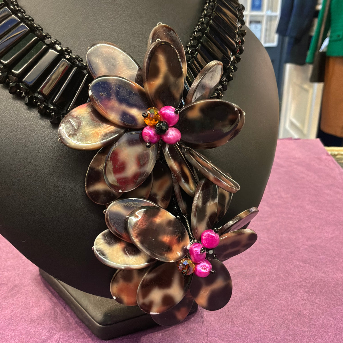Vintage Butler & Wilson Statement Floral Necklace Faux Tortoiseshell Pink Pearl Black Beads