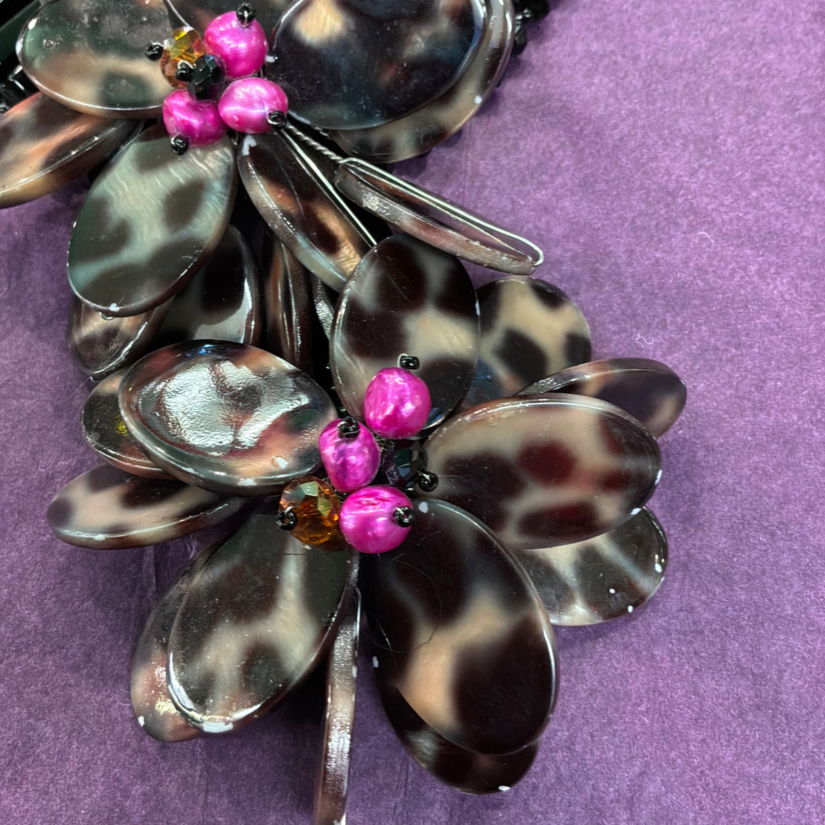 Vintage Butler & Wilson Statement Floral Necklace Faux Tortoiseshell Pink Pearl Black Beads