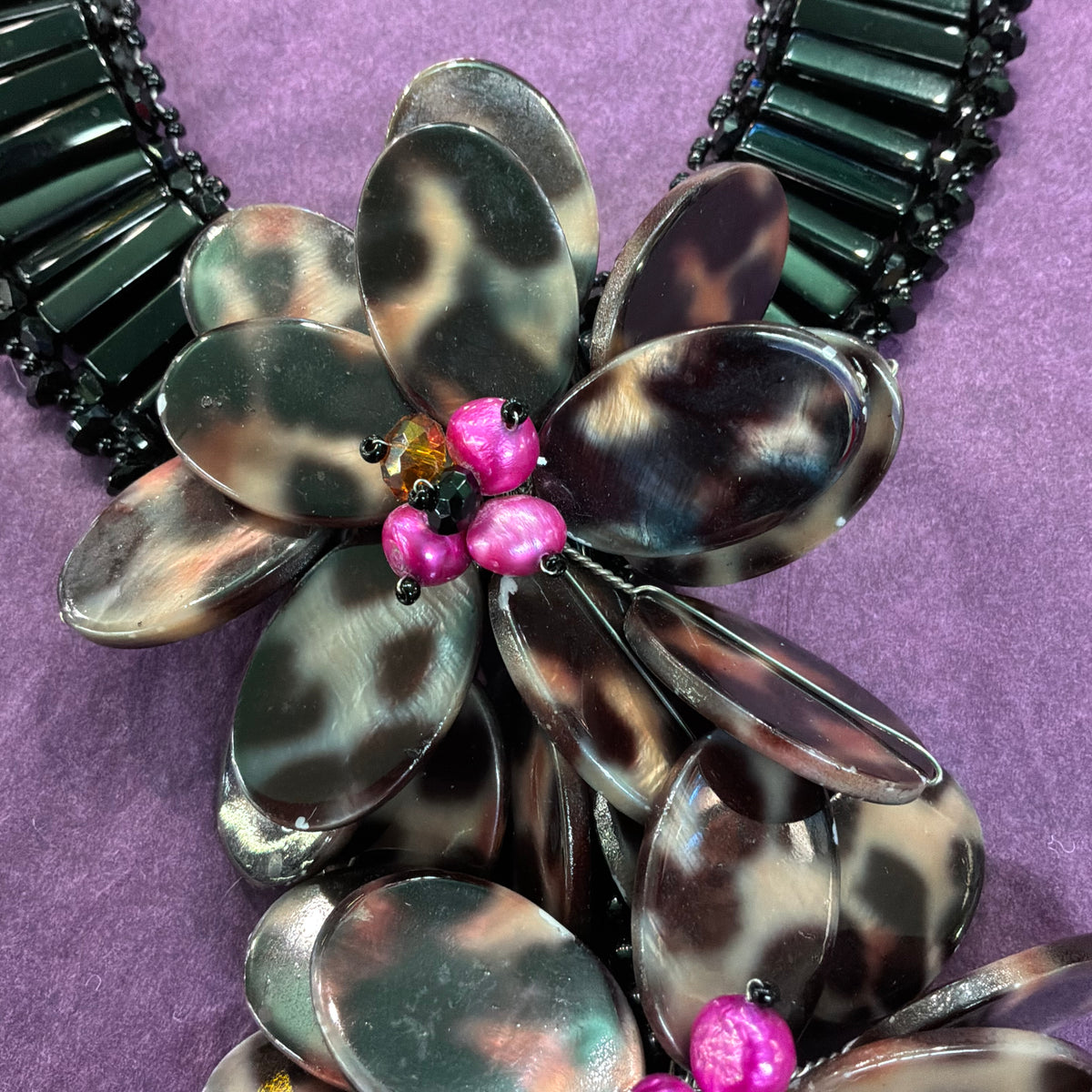 Vintage Butler & Wilson Statement Floral Necklace Faux Tortoiseshell Pink Pearl Black Beads