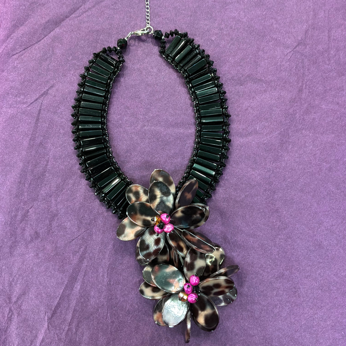Vintage Butler & Wilson Statement Floral Necklace Faux Tortoiseshell Pink Pearl Black Beads