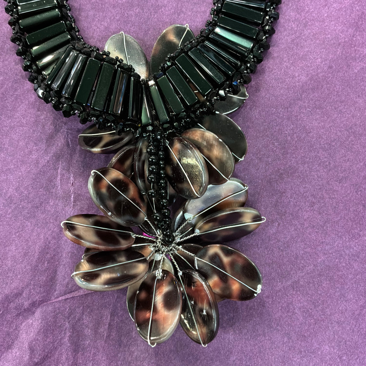 Vintage Butler & Wilson Statement Floral Necklace Faux Tortoiseshell Pink Pearl Black Beads