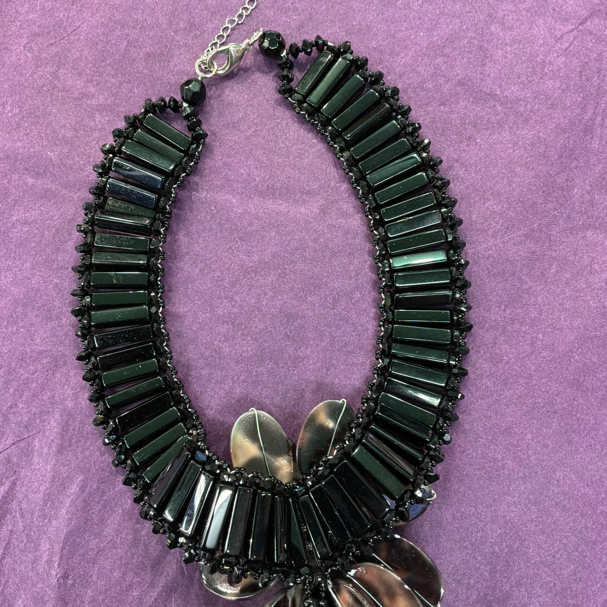 Vintage Butler & Wilson Statement Floral Necklace Faux Tortoiseshell Pink Pearl Black Beads
