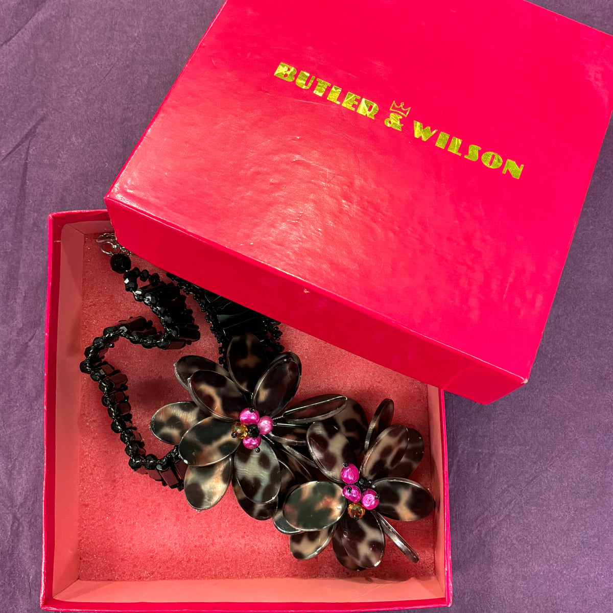 Vintage Butler & Wilson Statement Floral Necklace Faux Tortoiseshell Pink Pearl Black Beads
