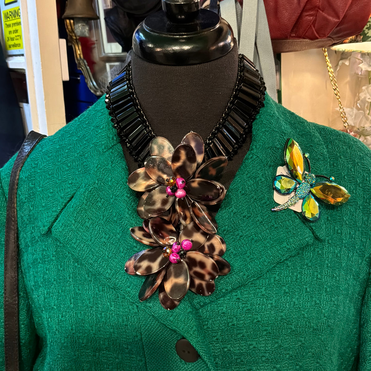 Vintage Butler & Wilson Statement Floral Necklace Faux Tortoiseshell Pink Pearl Black Beads