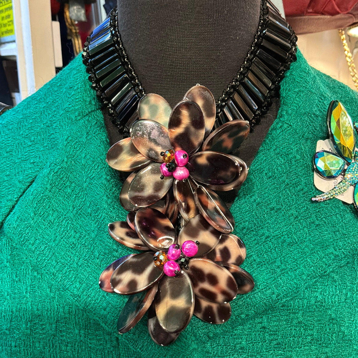 Vintage Butler & Wilson Statement Floral Necklace Faux Tortoiseshell Pink Pearl Black Beads