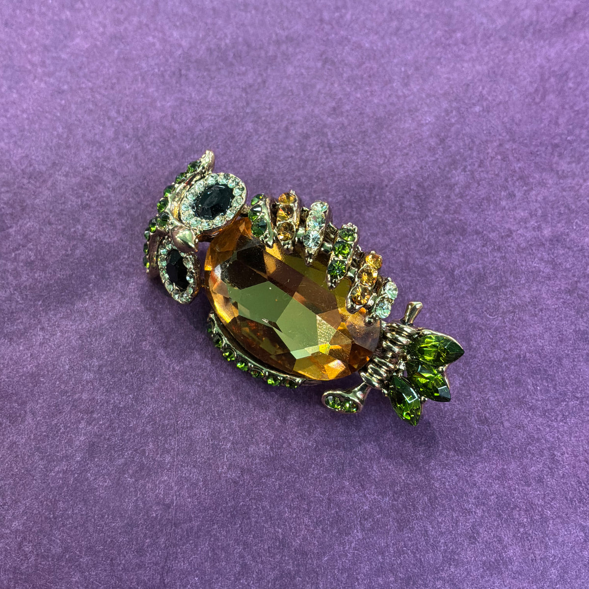 Vintage Butler & Wilson Owl Brooch, Gold Tone and Green Crystal, Statement Jewellery