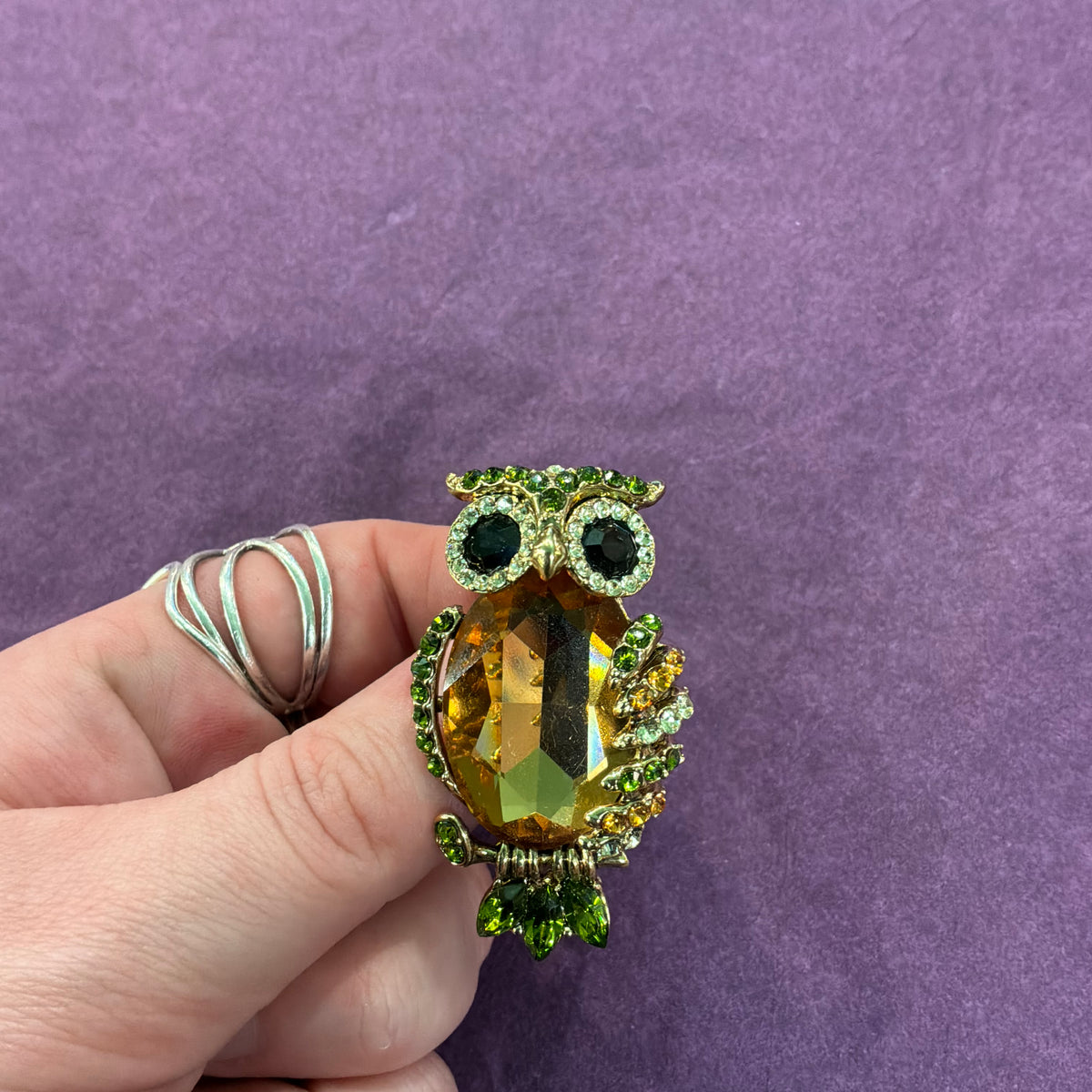 Vintage Butler & Wilson Owl Brooch, Gold Tone and Green Crystal, Statement Jewellery