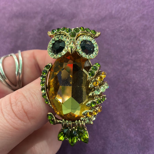 Vintage Butler & Wilson Owl Brooch, Gold Tone and Green Crystal, Statement Jewellery