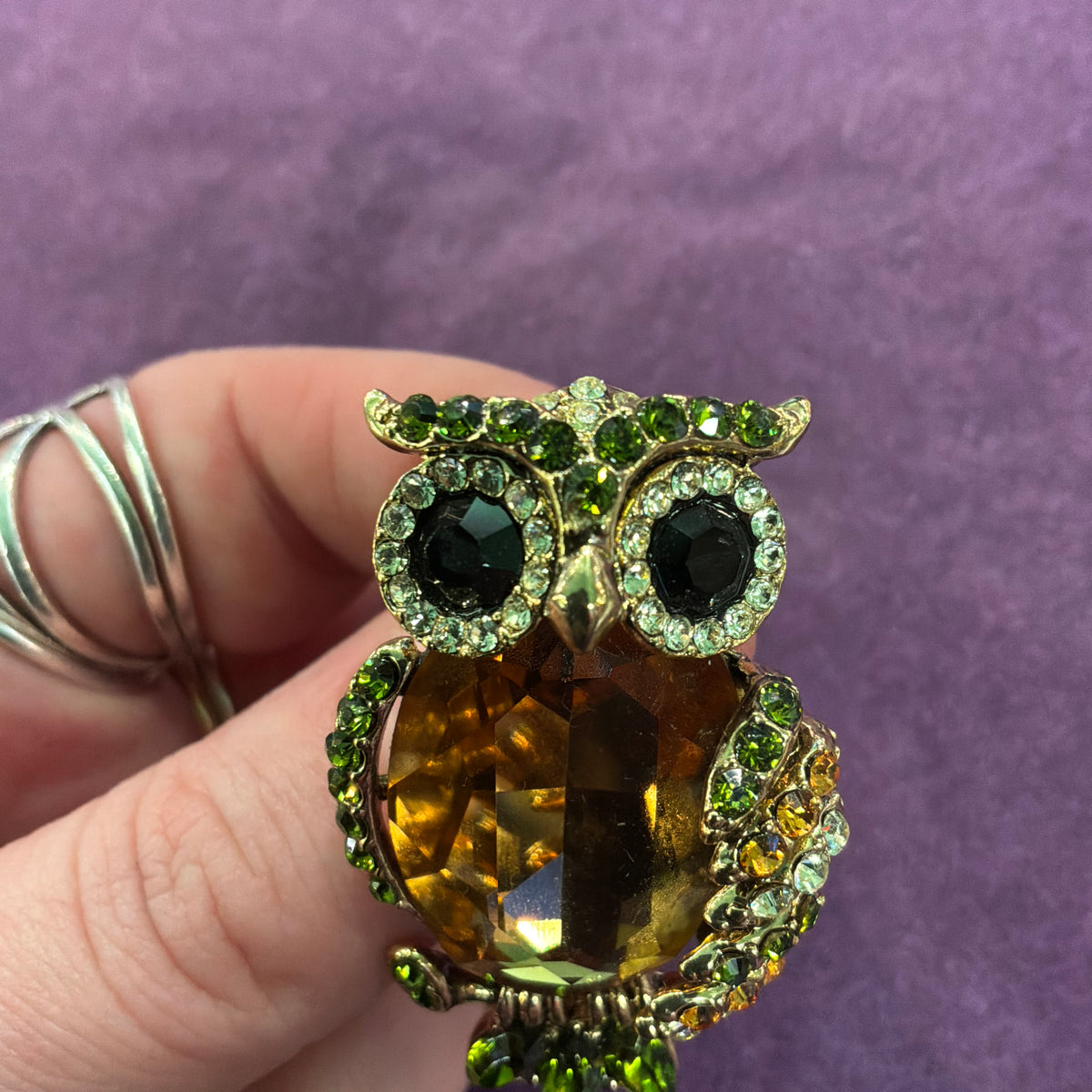 Vintage Butler & Wilson Owl Brooch, Gold Tone and Green Crystal, Statement Jewellery