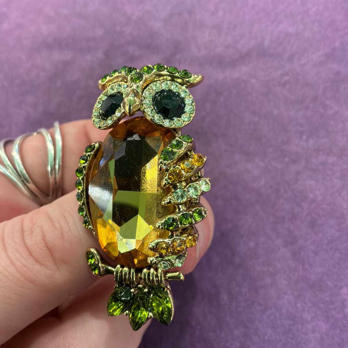 Vintage Butler & Wilson Owl Brooch, Gold Tone and Green Crystal, Statement Jewellery