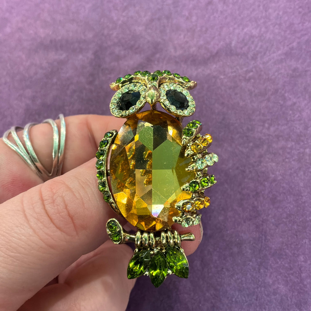 Vintage Butler & Wilson Owl Brooch, Gold Tone and Green Crystal, Statement Jewellery
