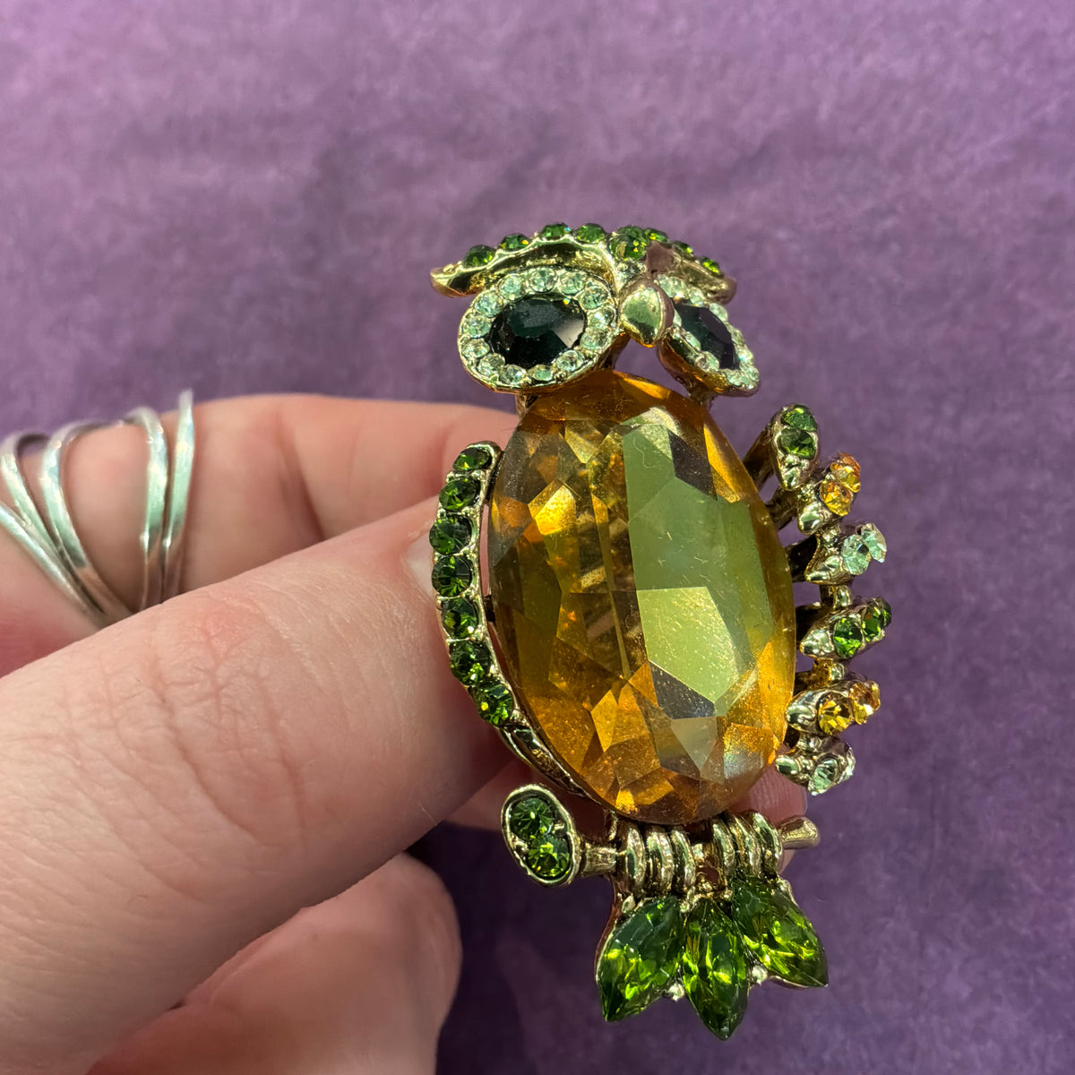 Vintage Butler & Wilson Owl Brooch, Gold Tone and Green Crystal, Statement Jewellery