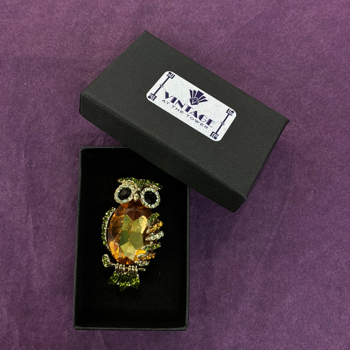 Vintage Butler & Wilson Owl Brooch, Gold Tone and Green Crystal, Statement Jewellery