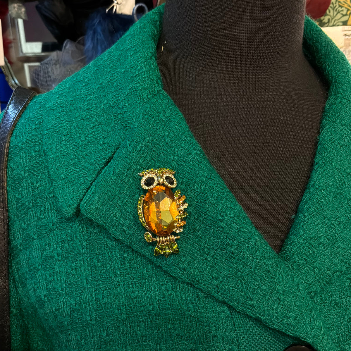 Vintage Butler & Wilson Owl Brooch, Gold Tone and Green Crystal, Statement Jewellery