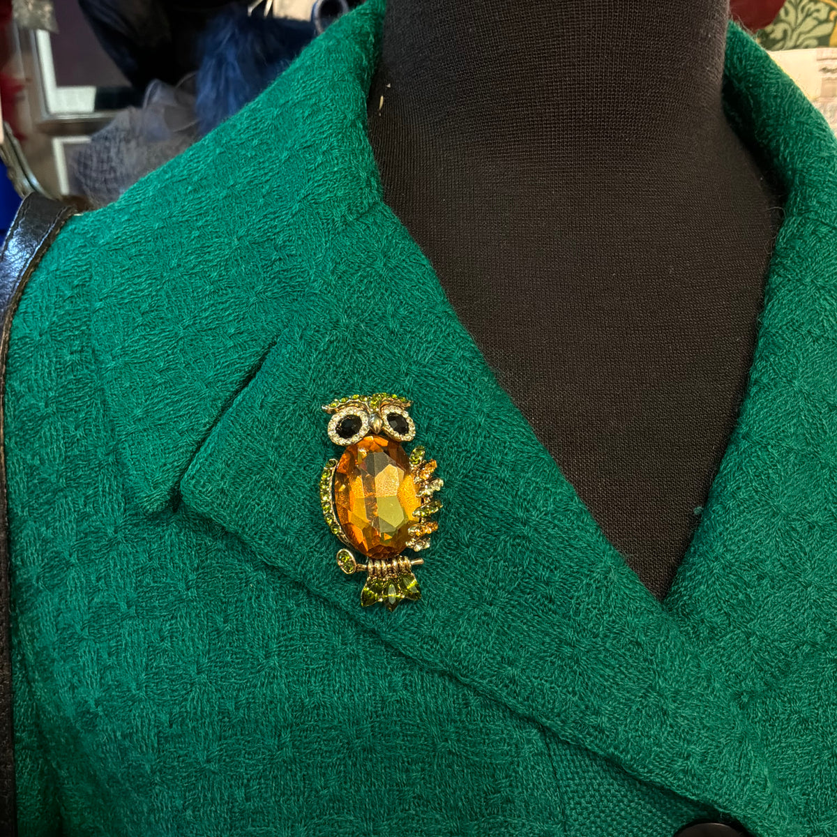 Vintage Butler & Wilson Owl Brooch, Gold Tone and Green Crystal, Statement Jewellery