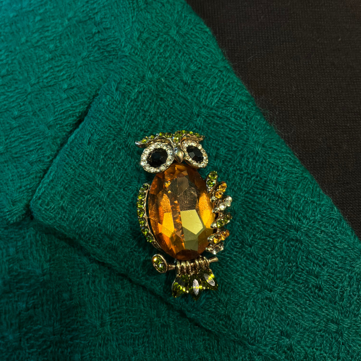 Vintage Butler & Wilson Owl Brooch, Gold Tone and Green Crystal, Statement Jewellery