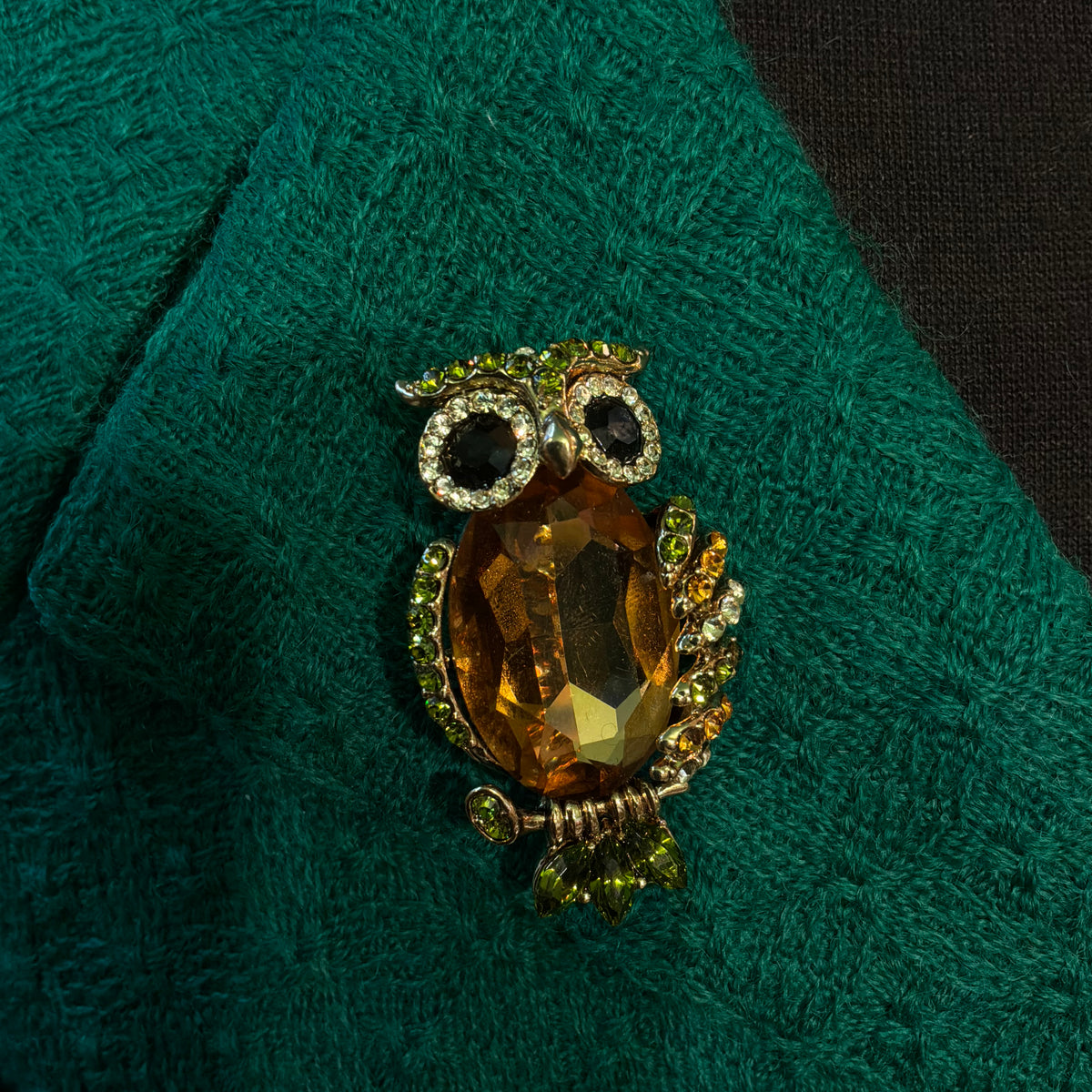 Vintage Butler & Wilson Owl Brooch, Gold Tone and Green Crystal, Statement Jewellery