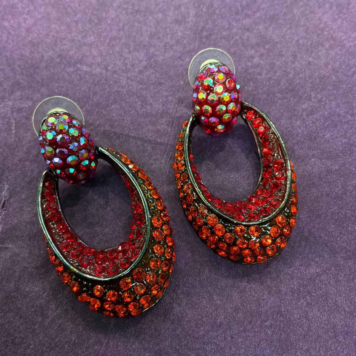 Vintage Butler & Wilson Statement Drop Earrings in Red and Amber Crystal Rhinestone