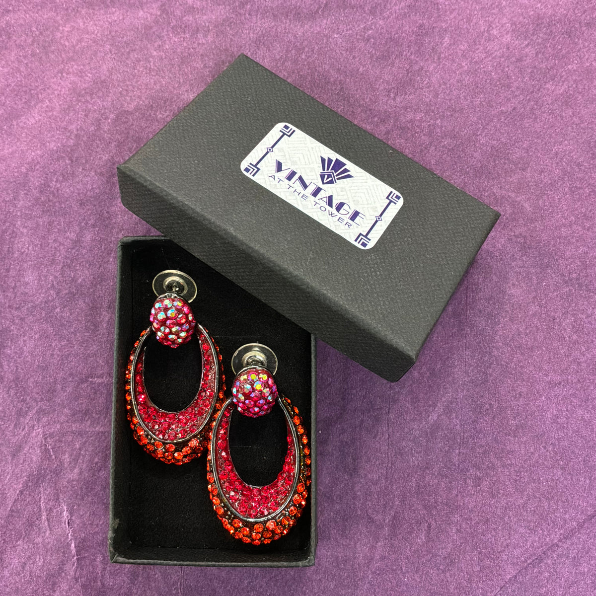 Vintage Butler & Wilson Statement Drop Earrings in Red and Amber Crystal Rhinestone