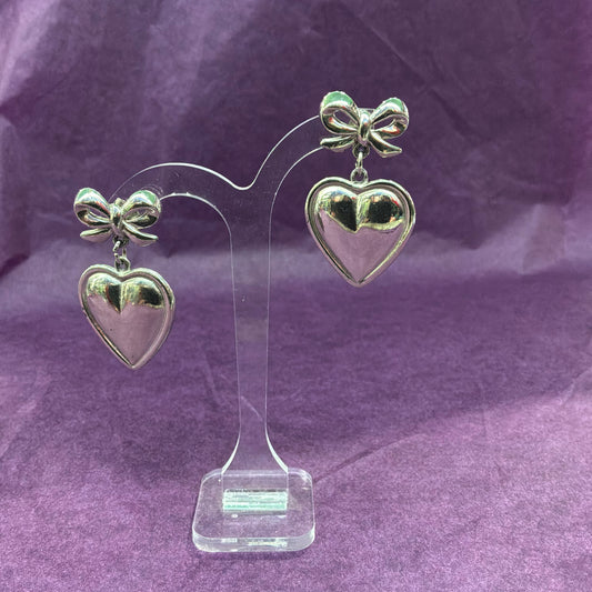 Vintage Butler & Wilson Silver Tone Heart Drop Earrings with Bow Studs