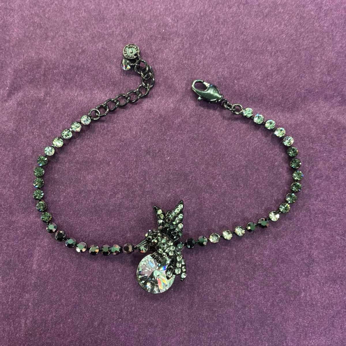 Vintage Butler & Wilson Kingfisher Crystal Bracelet, Silver, Pewter, and Black Rhinestone