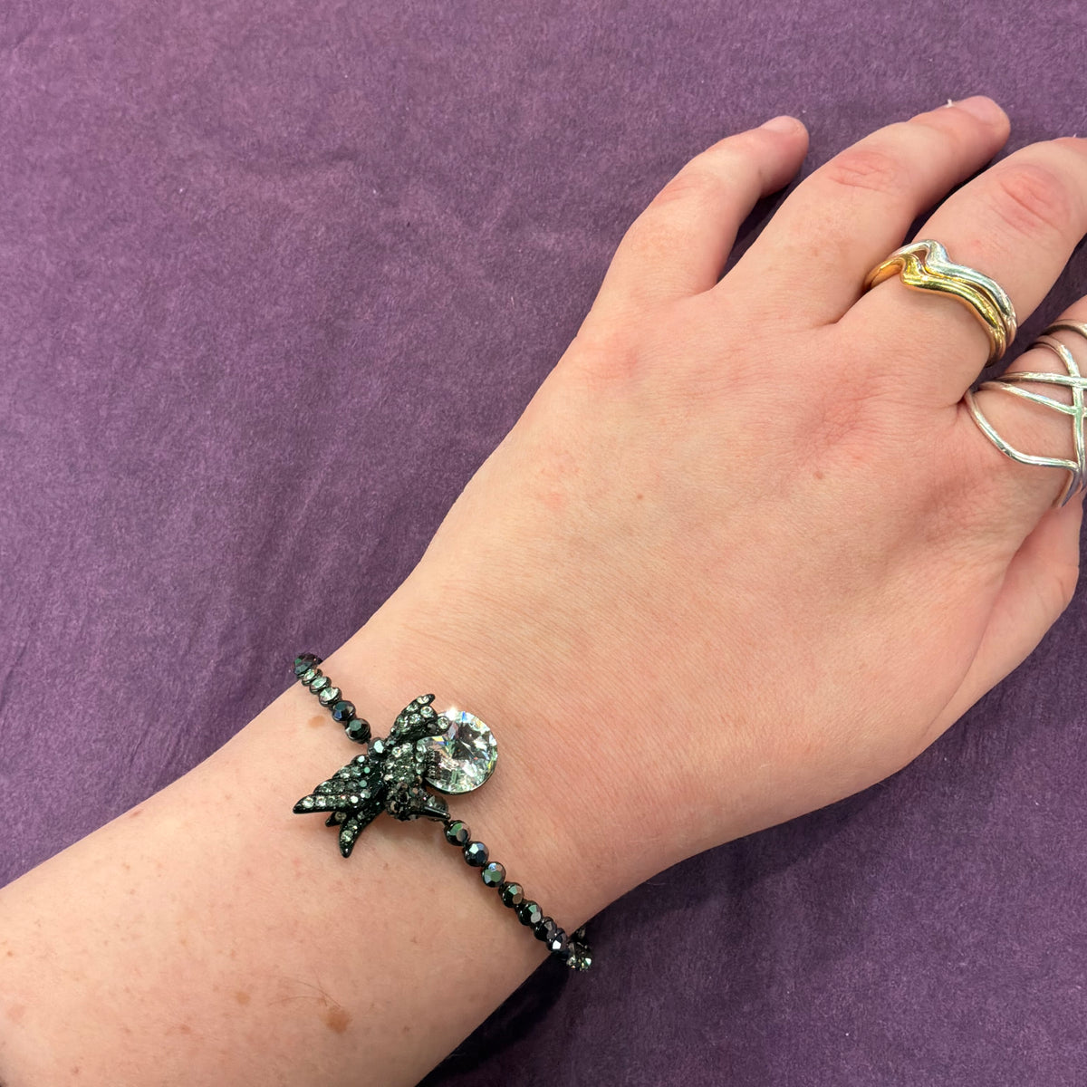 Vintage Butler & Wilson Kingfisher Crystal Bracelet, Silver, Pewter, and Black Rhinestone