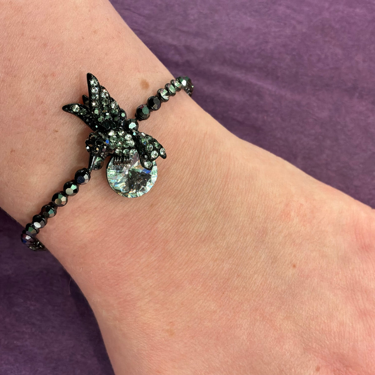 Vintage Butler & Wilson Kingfisher Crystal Bracelet, Silver, Pewter, and Black Rhinestone