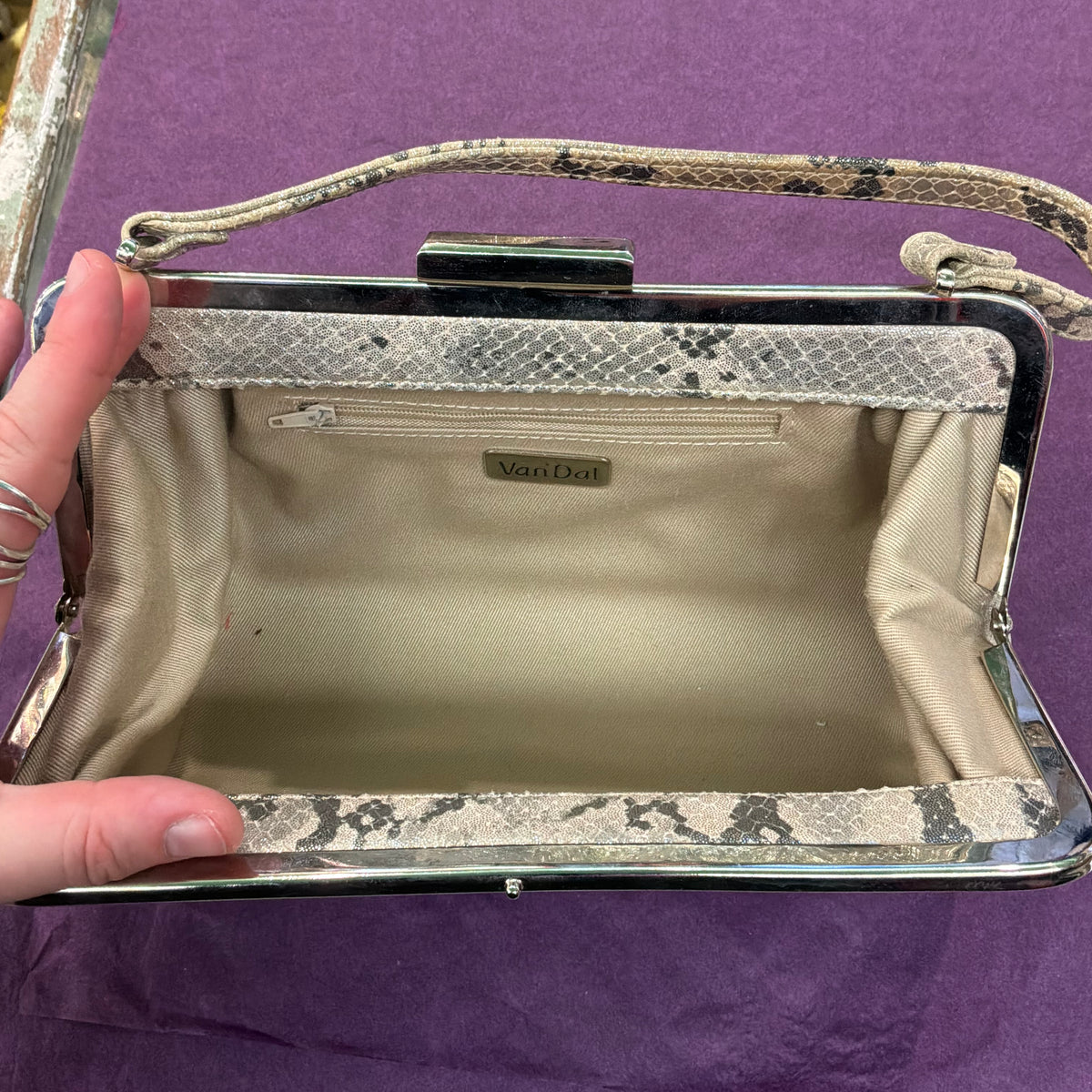 Vintage Van Dal Faux Snakeskin Evening Bag, Gold and Cream Top Handle Handbag