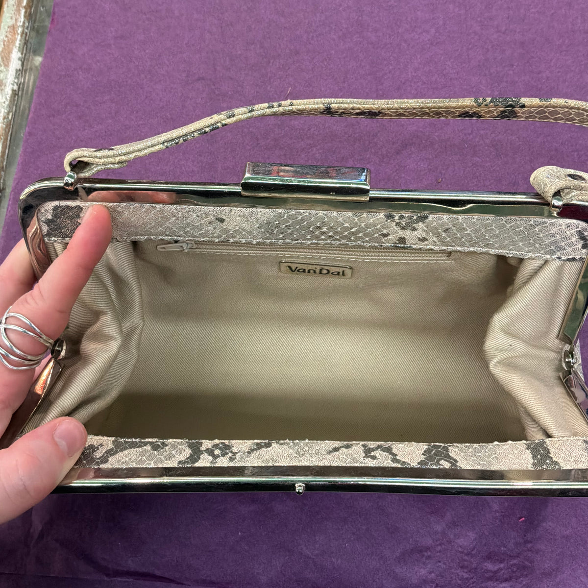 Vintage Van Dal Faux Snakeskin Evening Bag, Gold and Cream Top Handle Handbag