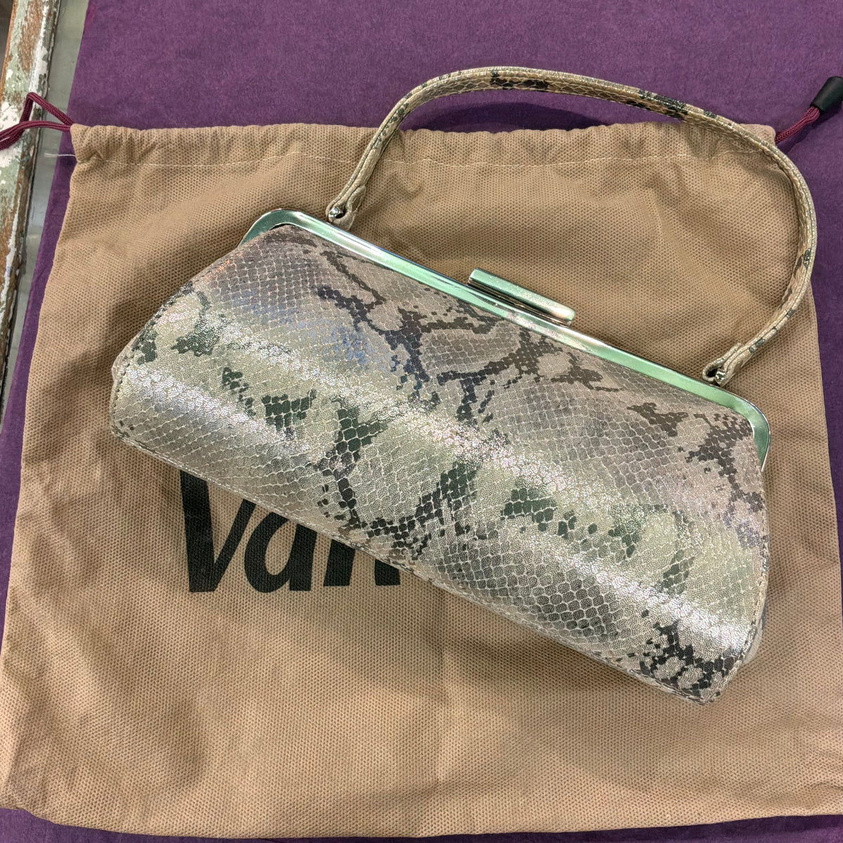 Vintage Van Dal Faux Snakeskin Evening Bag, Gold and Cream Top Handle Handbag