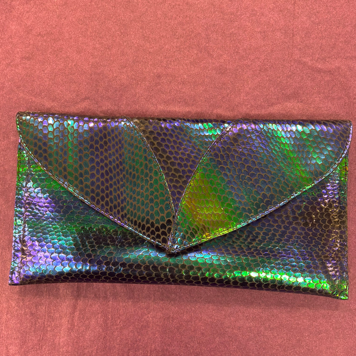 Vintage Renata Italian Leather Clutch Bag, Iridescent Peacock Snakeskin Style
