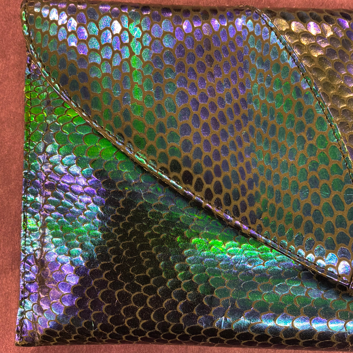 Vintage Renata Italian Leather Clutch Bag, Iridescent Peacock Snakeskin Style