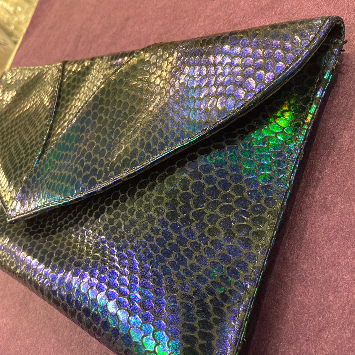 Vintage Renata Italian Leather Clutch Bag, Iridescent Peacock Snakeskin Style