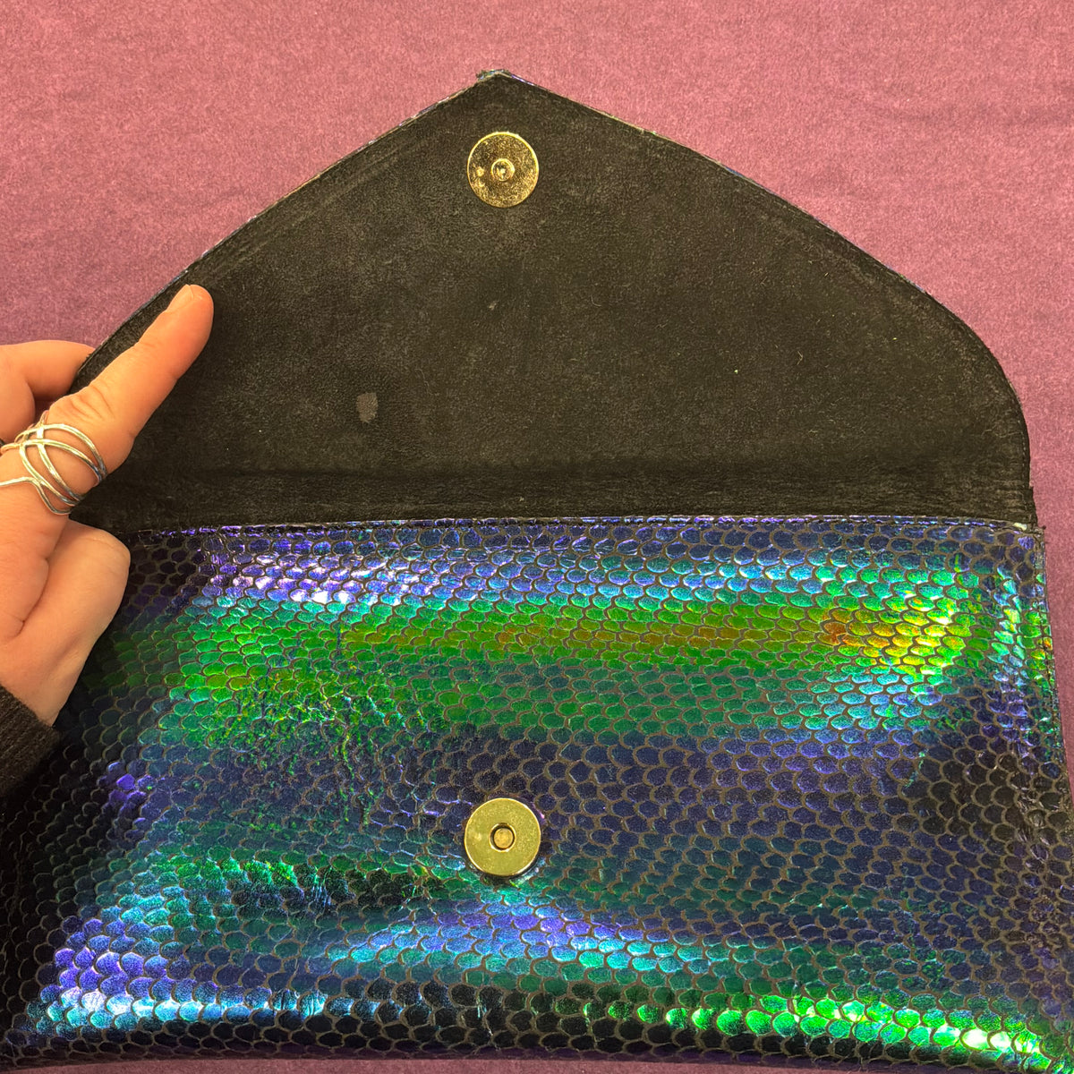 Vintage Renata Italian Leather Clutch Bag, Iridescent Peacock Snakeskin Style
