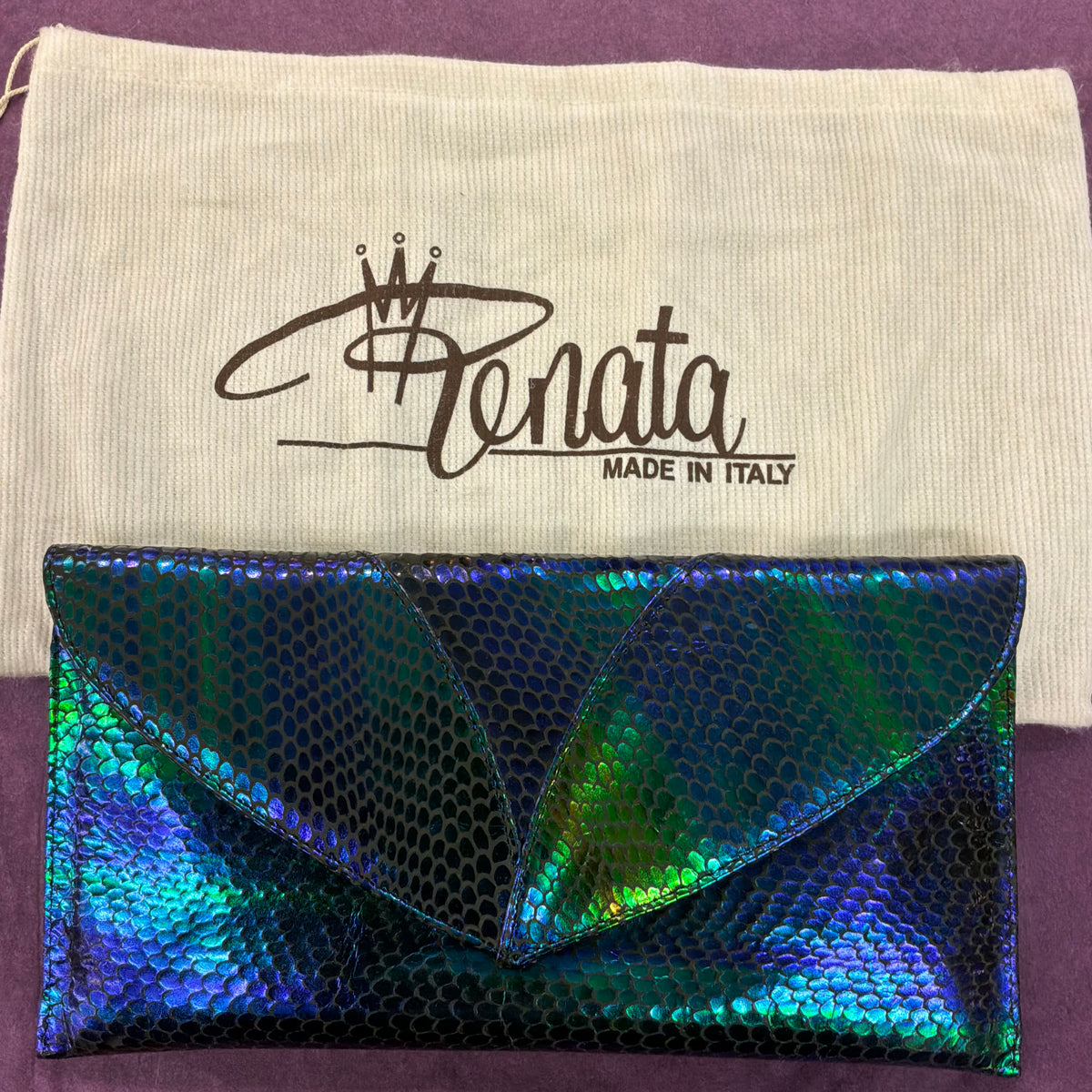 Vintage Renata Italian Leather Clutch Bag, Iridescent Peacock Snakeskin Style