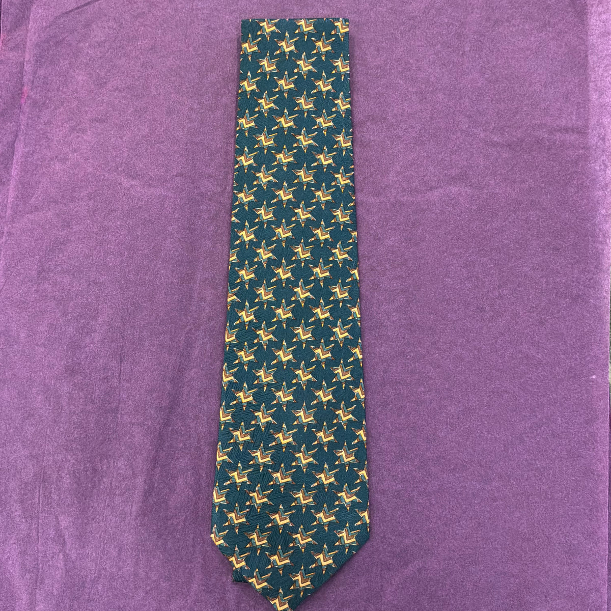 Vintage Liberty of London Silk Tie Dark Green Geometric Star Print