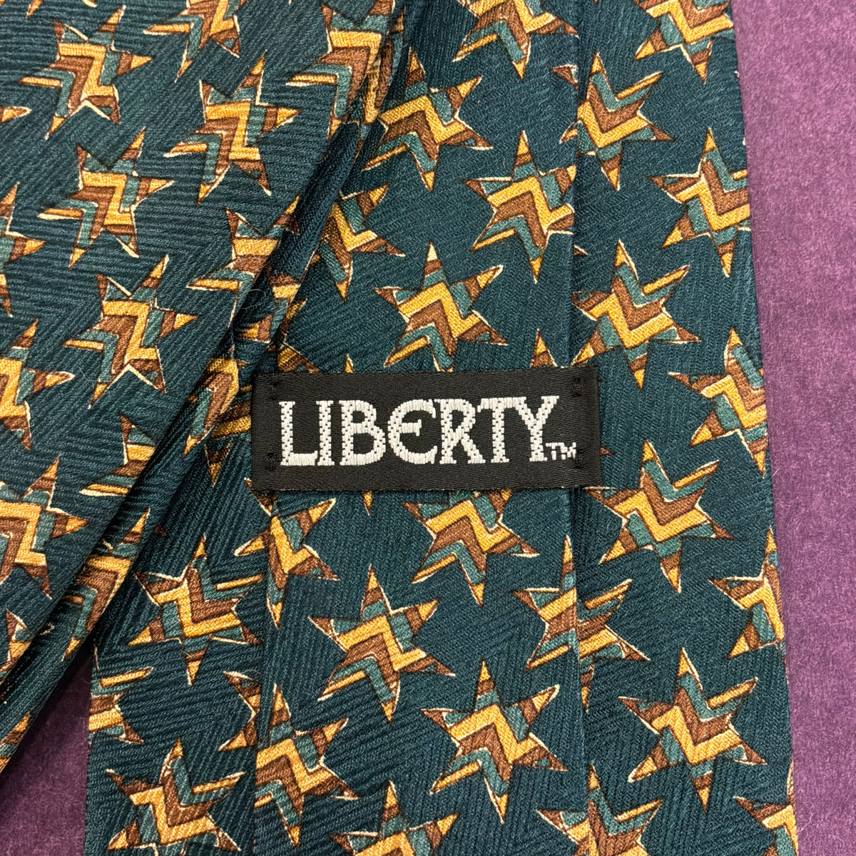 Vintage Liberty of London Silk Tie Dark Green Geometric Star Print